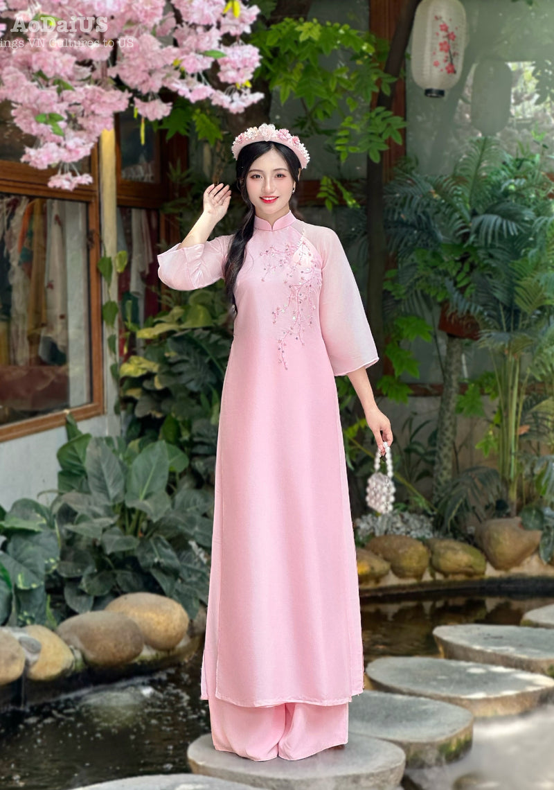 Blush Petal Elegance Ao Dai Set No Headband| Áo Dài Hồng Đào Xuân F14