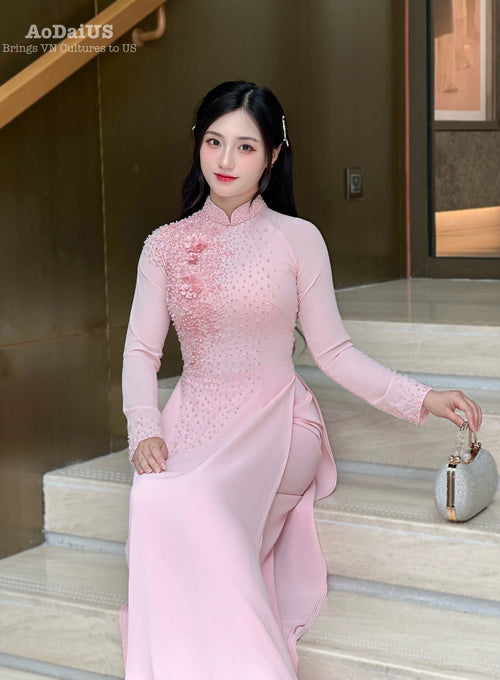 Pink Ao Dai with 3D Floral Embellishments and Crystals Set | Traditional Vietnamese Ao Dai | No Headband A51