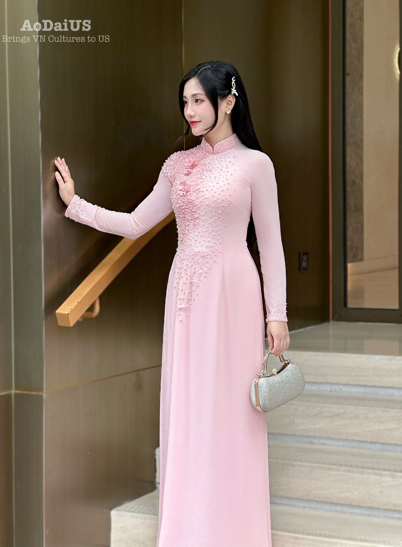 Pink Ao Dai with 3D Floral Embellishments and Crystals Set | Traditional Vietnamese Ao Dai | No Headband A51