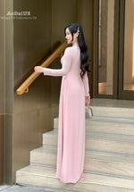 Pink Ao Dai with 3D Floral Embellishments and Crystals Set | Traditional Vietnamese Ao Dai | No Headband A51