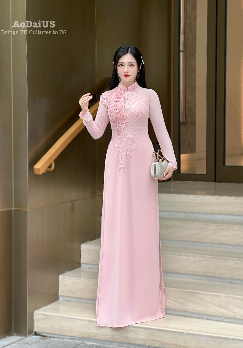 Pink Ao Dai with 3D Floral Embellishments and Crystals Set | Traditional Vietnamese Ao Dai | No Headband A51