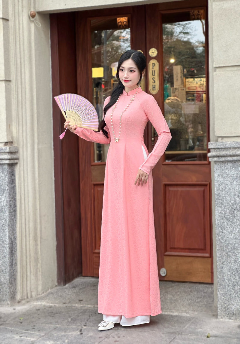 Sweet Pink Vietnamese Traditional Ao Dai For Women-No Pants | Áo Dài Truyền Thống Lụa