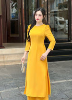 Gold Puffy Sleeves Ao Dai Set | Vietnamese Modernized Dress | Áo Dài Cách Tân