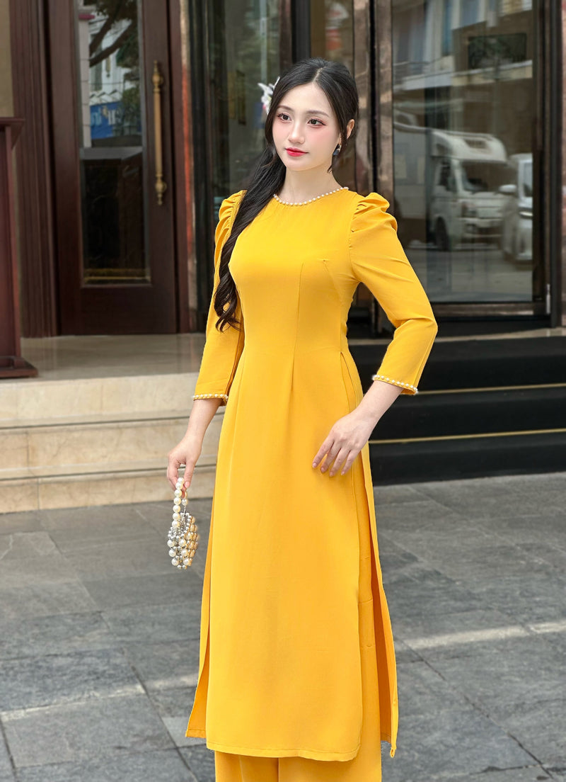 Gold Puffy Sleeves Ao Dai Set | Vietnamese Modernized Dress | Áo Dài Cách Tân
