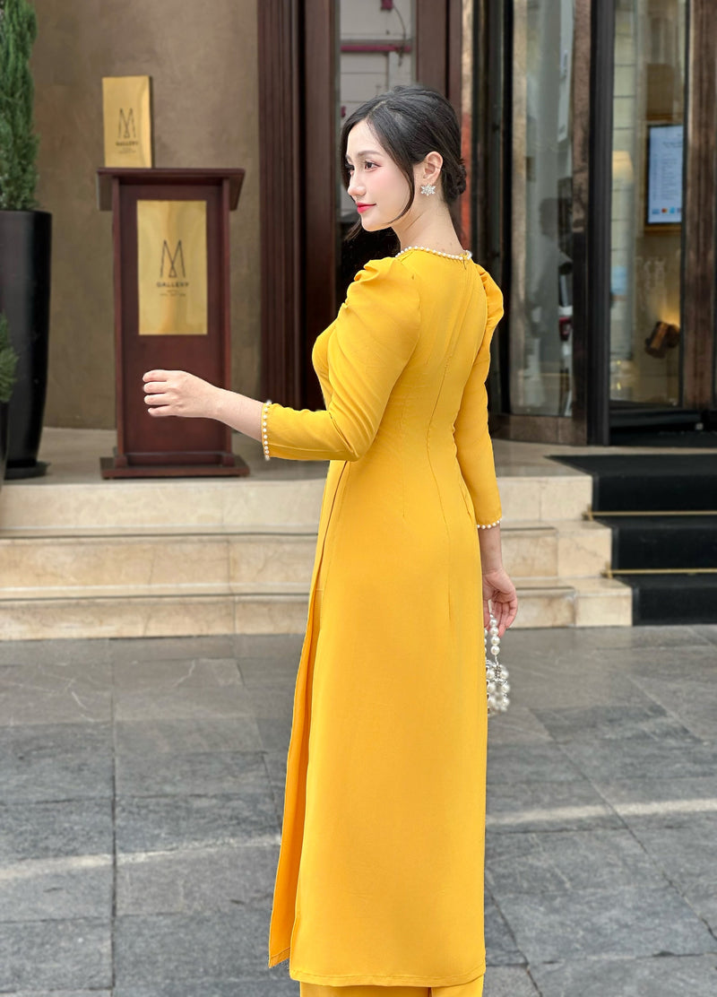 Gold Puffy Sleeves Ao Dai Set | Vietnamese Modernized Dress | Áo Dài Cách Tân
