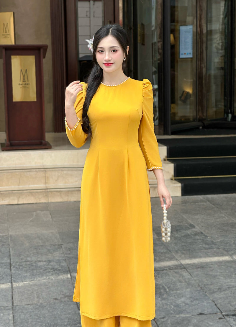 Gold Puffy Sleeves Ao Dai Set | Vietnamese Modernized Dress | Áo Dài Cách Tân