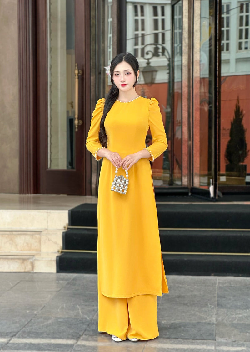 Gold Puffy Sleeves Ao Dai Set | Vietnamese Modernized Dress | Áo Dài Cách Tân