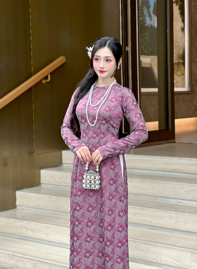 Dark Purple Vietnamese Traditional Ao Dai For Women-No Pants | Áo Dài Truyền Thống Gấm 2 Da