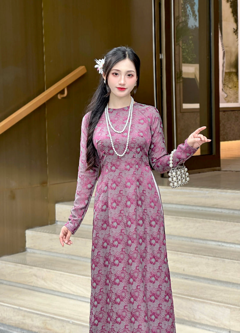 Dark Purple Vietnamese Traditional Ao Dai For Women-No Pants | Áo Dài Truyền Thống Gấm 2 Da