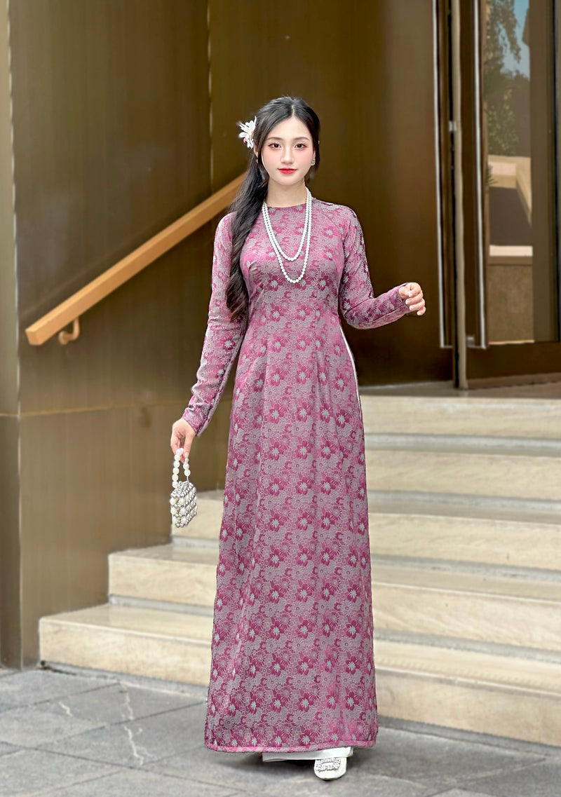 Dark Purple Vietnamese Traditional Ao Dai For Women-No Pants | Áo Dài Truyền Thống Gấm 2 Da