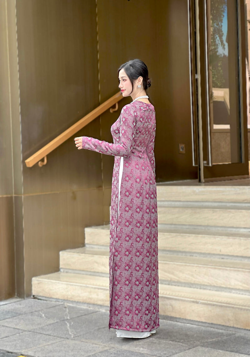 Dark Purple Vietnamese Traditional Ao Dai For Women-No Pants | Áo Dài Truyền Thống Gấm 2 Da