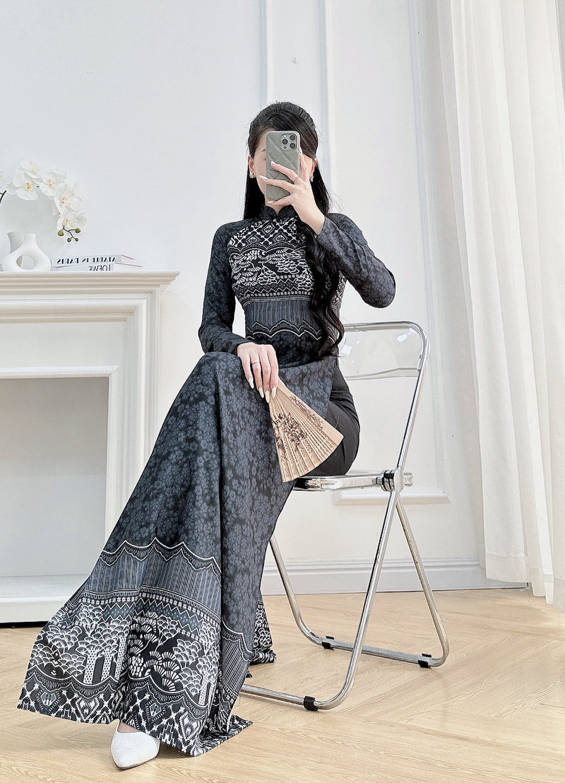 Black Mofit Printed Ao Dai Vietnam | Vietnamese Traditional Ao Dai For Women
