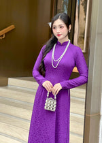 Purple Mini Floral Vietnamese Traditional Ao Dai For Women-No Pants | Áo Dài Truyền Thống Lụa H51