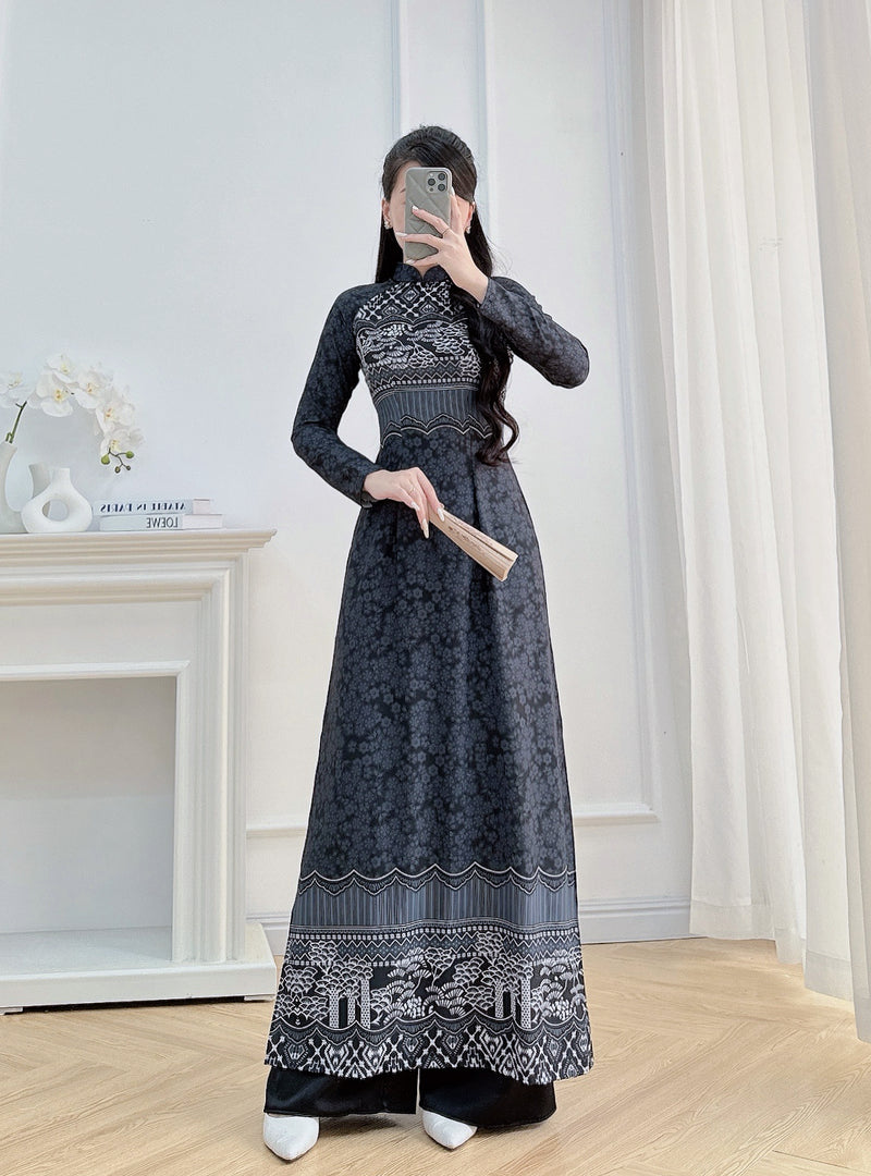 Black Mofit Printed Ao Dai Vietnam | Vietnamese Traditional Ao Dai For Women