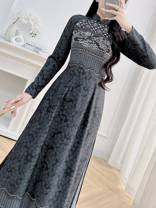 Black Mofit Printed Ao Dai Vietnam | Vietnamese Traditional Ao Dai For Women