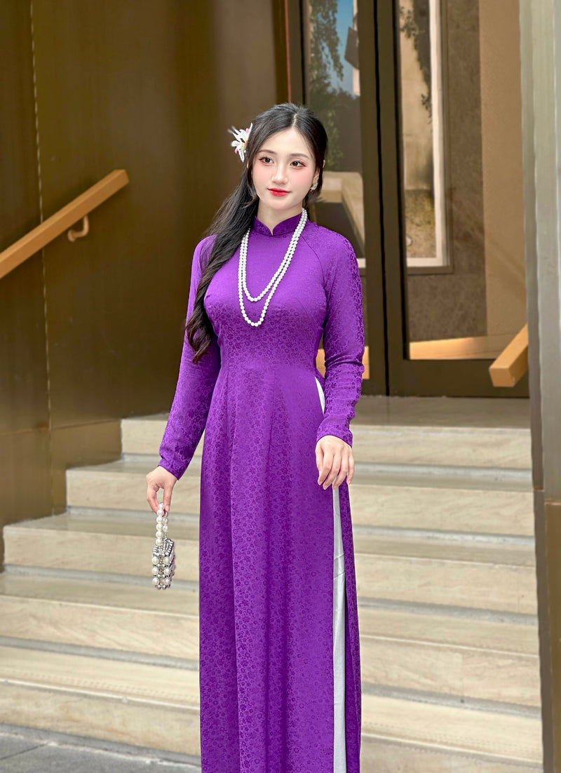 Purple Mini Floral Vietnamese Traditional Ao Dai For Women-No Pants | Áo Dài Truyền Thống Lụa H51