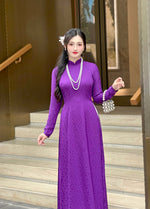 Purple Mini Floral Vietnamese Traditional Ao Dai For Women-No Pants | Áo Dài Truyền Thống Lụa H51