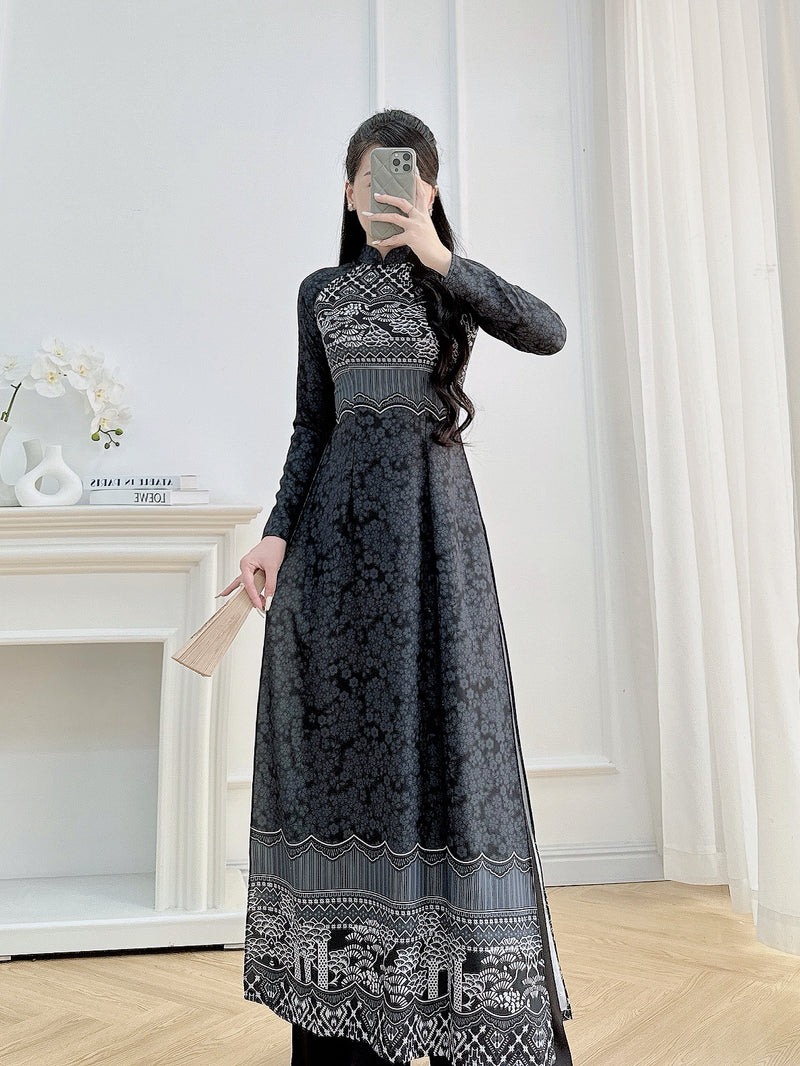 Black Mofit Printed Ao Dai Vietnam | Vietnamese Traditional Ao Dai For Women