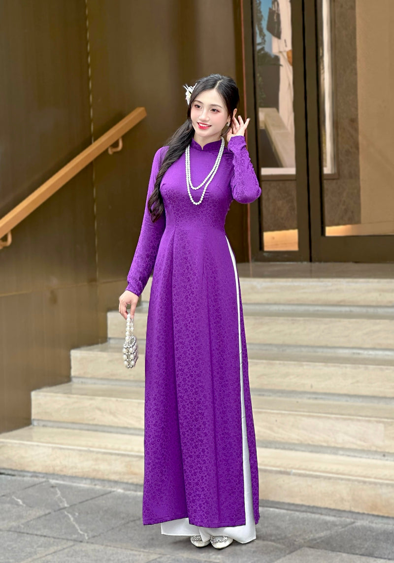 Purple Mini Floral Vietnamese Traditional Ao Dai For Women-No Pants | Áo Dài Truyền Thống Lụa H51