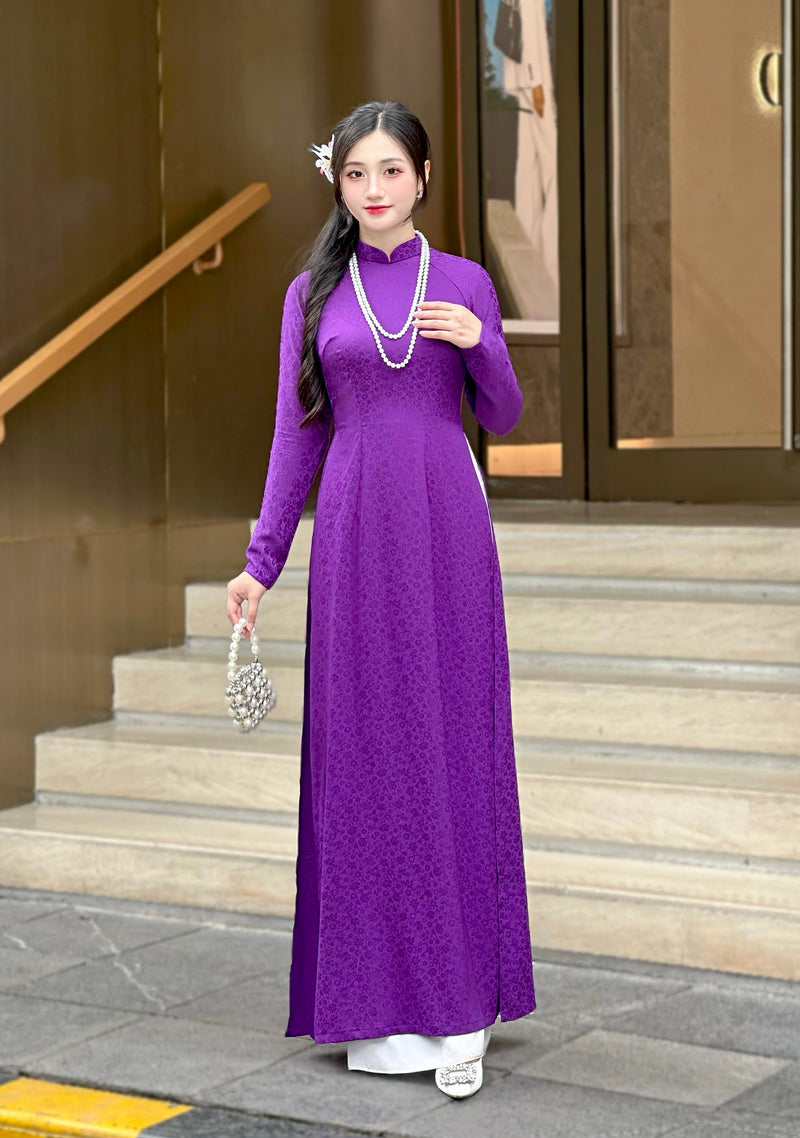 Purple Mini Floral Vietnamese Traditional Ao Dai For Women-No Pants | Áo Dài Truyền Thống Lụa H51