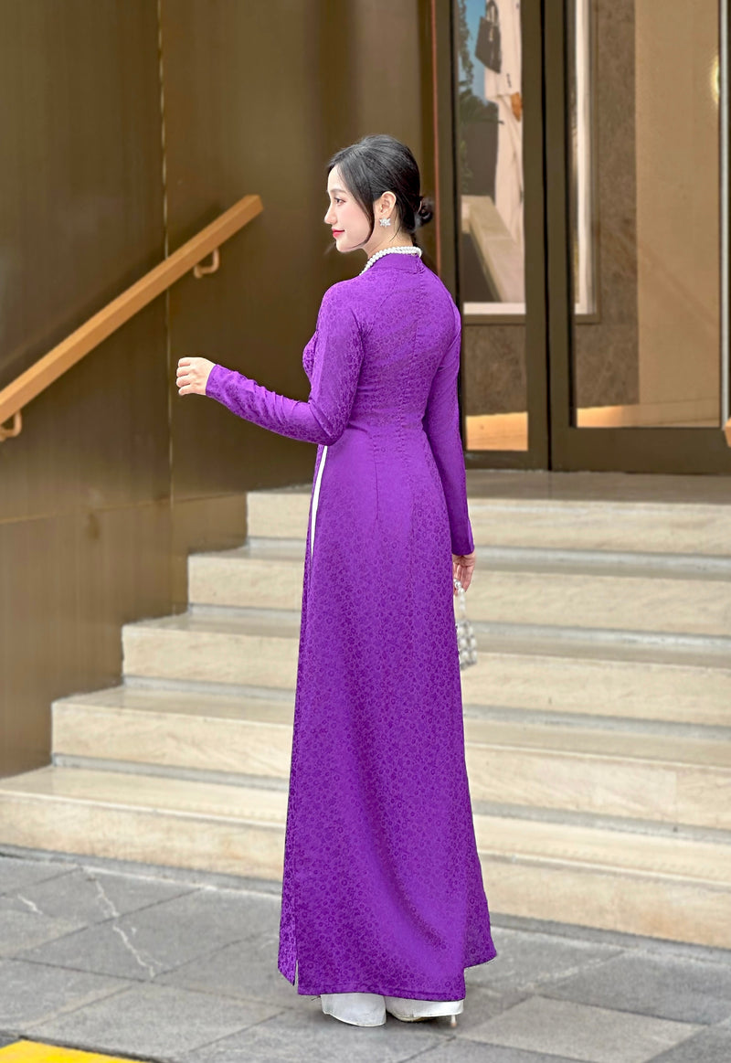 Purple Mini Floral Vietnamese Traditional Ao Dai For Women-No Pants | Áo Dài Truyền Thống Lụa H51