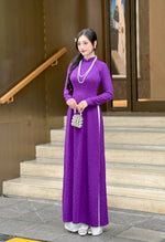 Purple Mini Floral Vietnamese Traditional Ao Dai For Women-No Pants | Áo Dài Truyền Thống Lụa H51