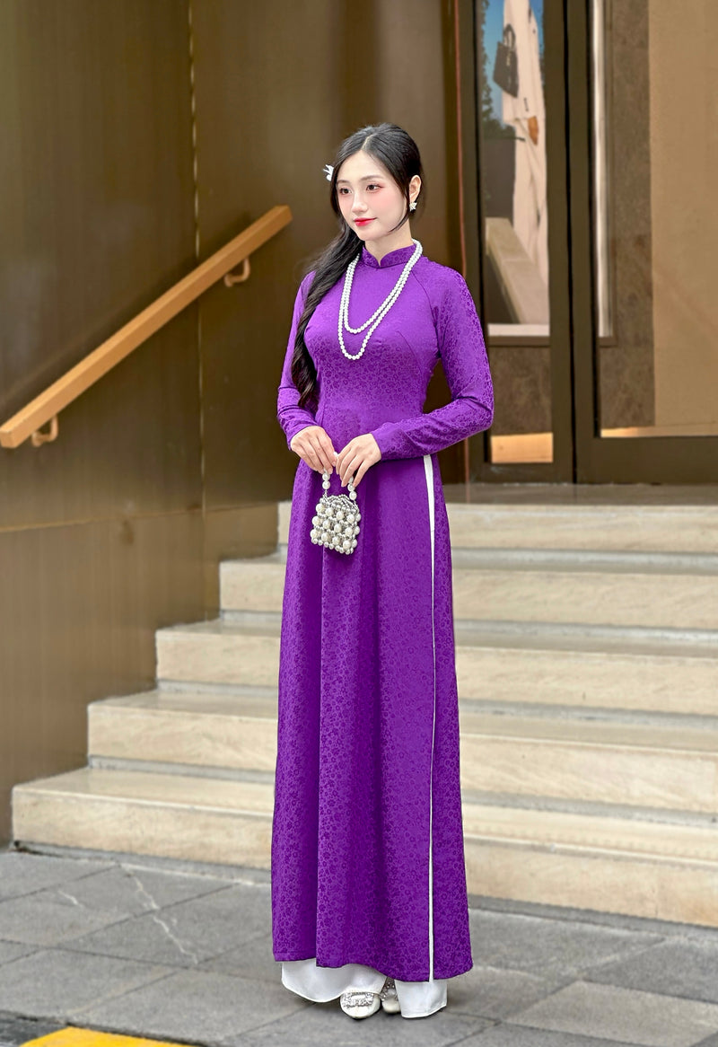 Purple Mini Floral Vietnamese Traditional Ao Dai For Women-No Pants | Áo Dài Truyền Thống Lụa H51