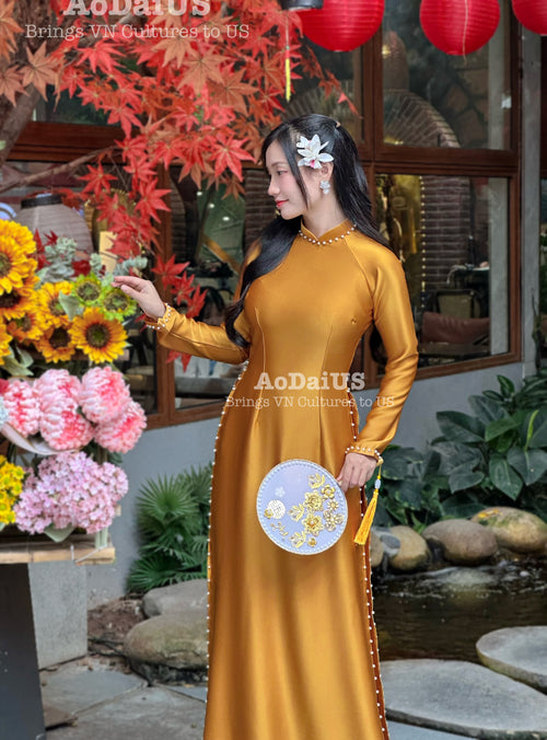 Gold Valentino Vietnamese Ao Dai with Pearls Set E1