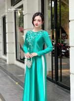 Turquoise Designed ao dai with crystals Embroidery | Ao dai for special events H52
