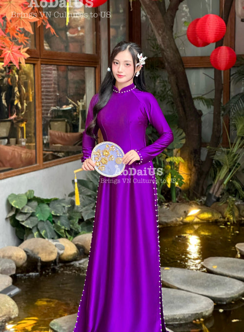 Purple Plain Valentino Vietnamese Ao Dai with Pearls Set E1