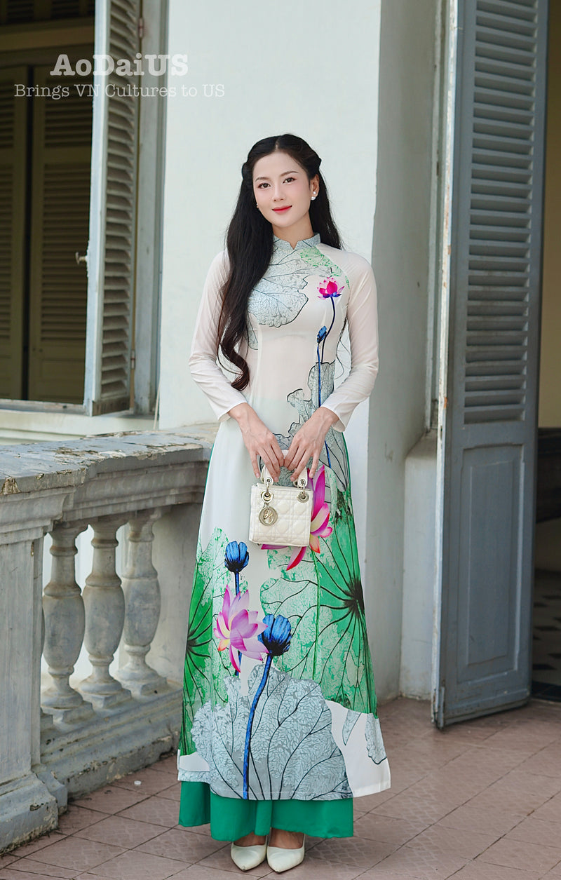 Huong Sen Traditional Vietnamese Ao Dai Set with Dress Pants B26