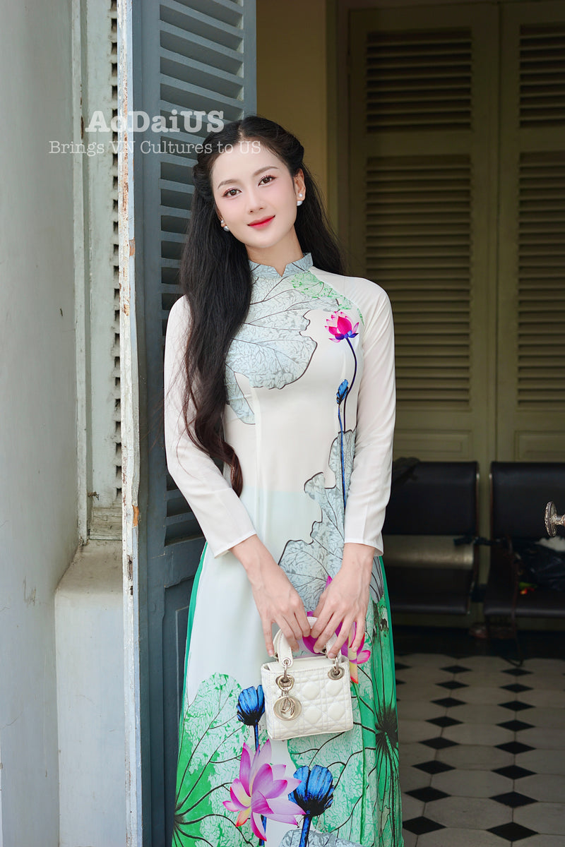 Huong Sen Traditional Vietnamese Ao Dai Set with Dress Pants B26