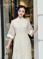 Cream Floral Modern Ao Dai Vietnam NO PANTS | Modern Vietnamese Ao Dai H40