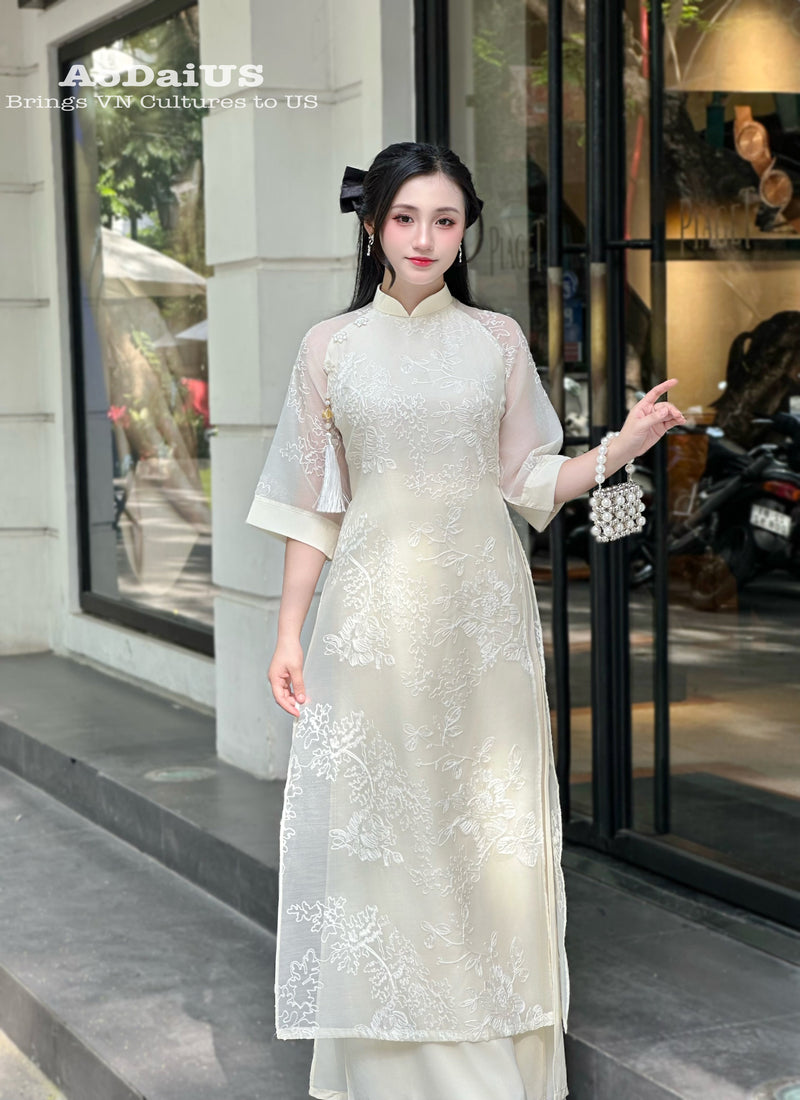 Cream Floral Modern Ao Dai Vietnam NO PANTS | Modern Vietnamese Ao Dai Ao Dai US Cream Floral Modern Ao Dai Vietnam NO PANTS | Modern Vietnamese Ao Dai Ao Dai US