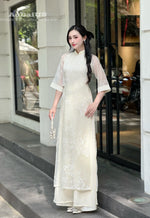Cream Floral Modern Ao Dai Vietnam NO PANTS | Modern Vietnamese Ao Dai H40