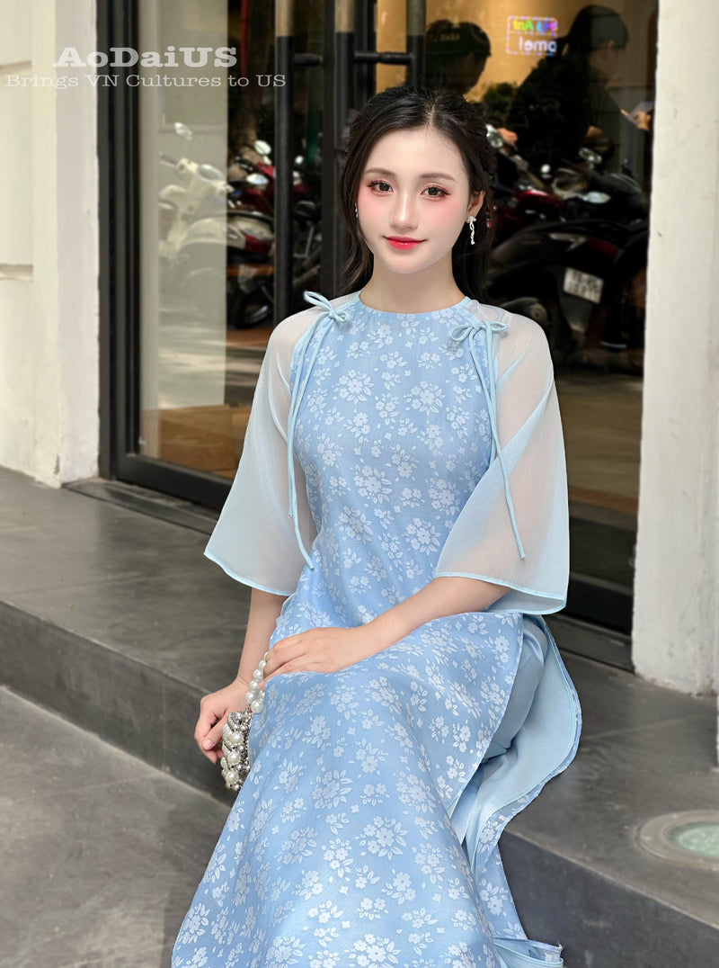 Blue Floral Modern Ao Dai Vietnam NO PANTS | Modern Vietnamese Ao Dai H41
