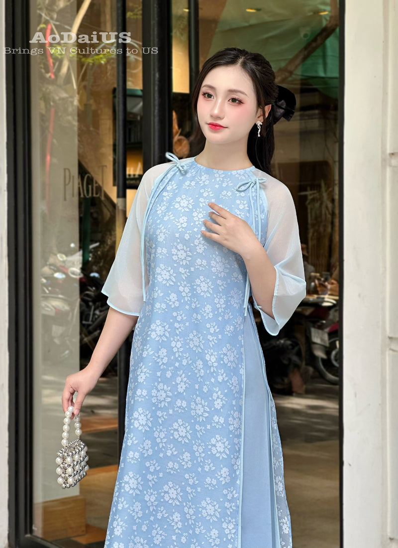 Blue Floral Modern Ao Dai Vietnam NO PANTS | Modern Vietnamese Ao Dai H41