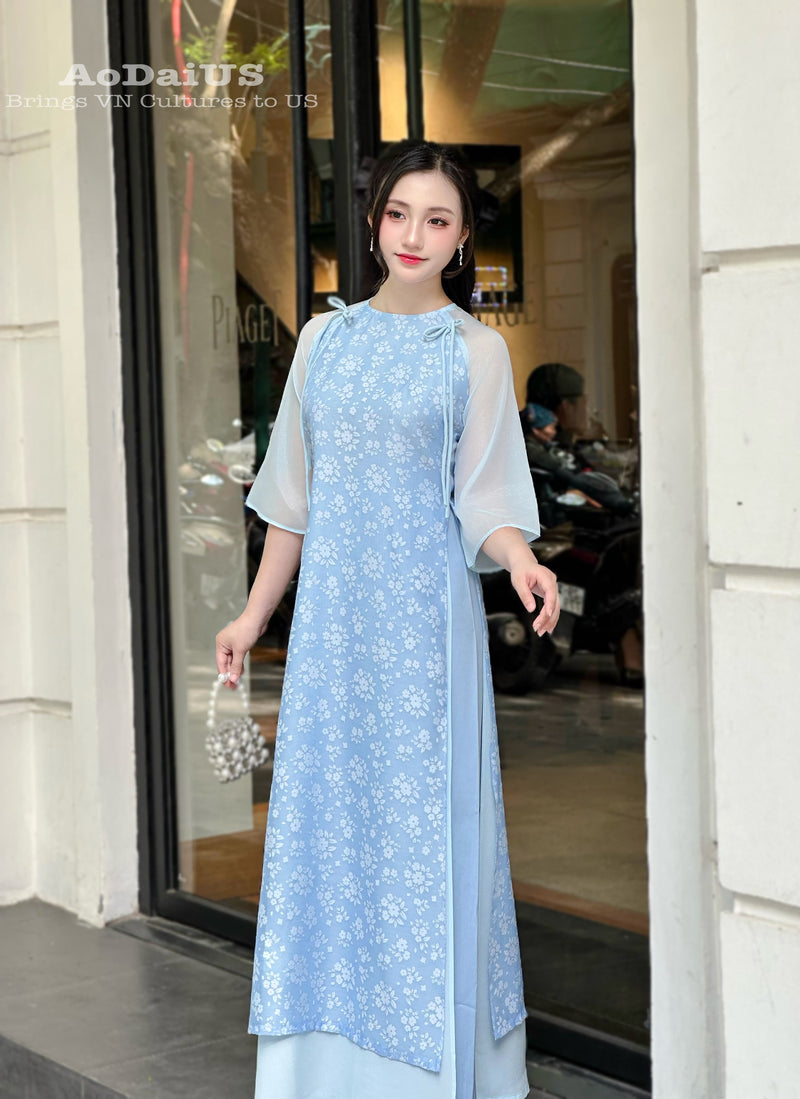 Blue Floral Modern Ao Dai Vietnam NO PANTS | Modern Vietnamese Ao Dai H41