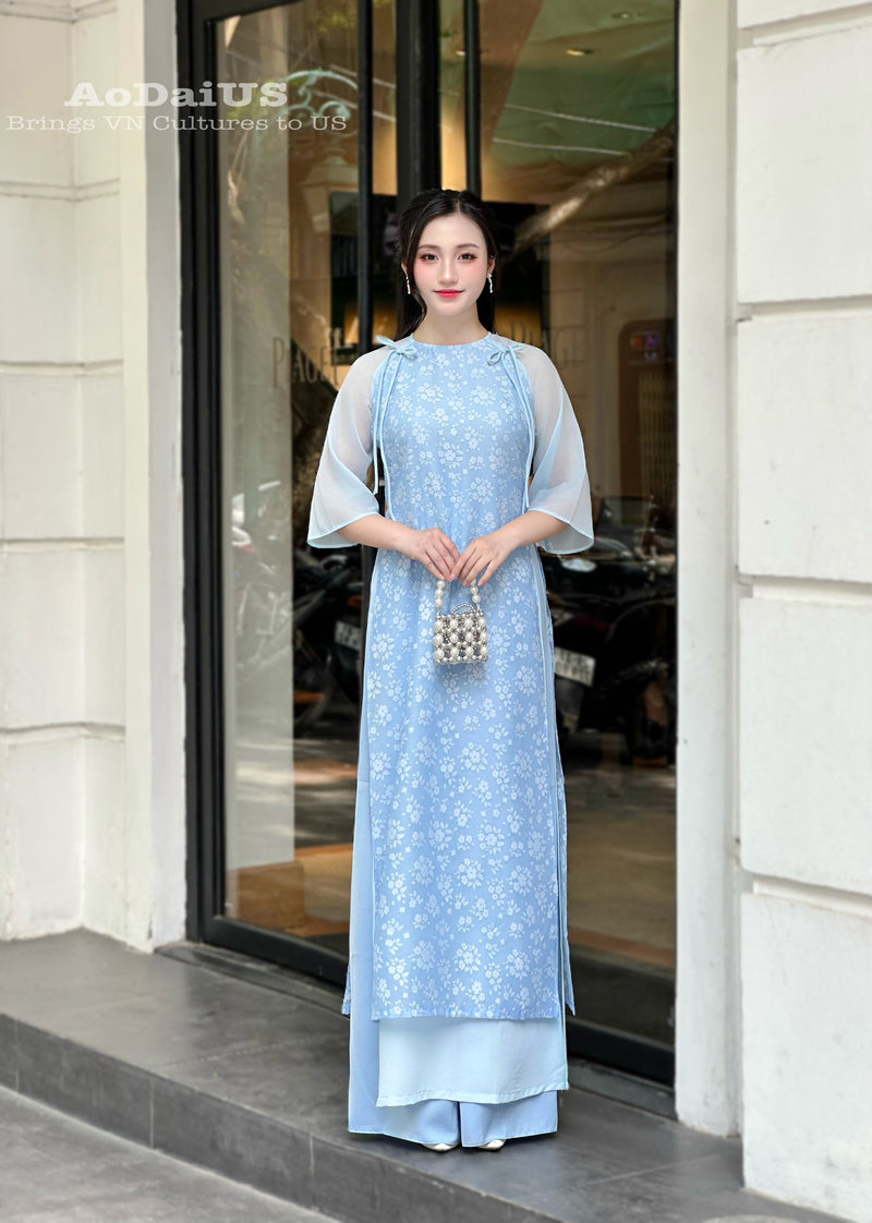 Blue Floral Modern Ao Dai Vietnam NO PANTS | Modern Vietnamese Ao Dai H41