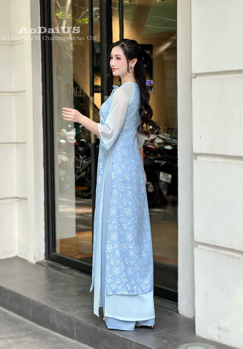 Blue Floral Modern Ao Dai Vietnam NO PANTS | Modern Vietnamese Ao Dai H41