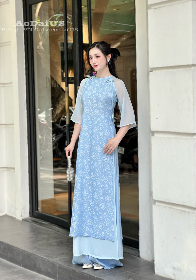 Blue Floral Modern Ao Dai Vietnam NO PANTS | Modern Vietnamese Ao Dai H41