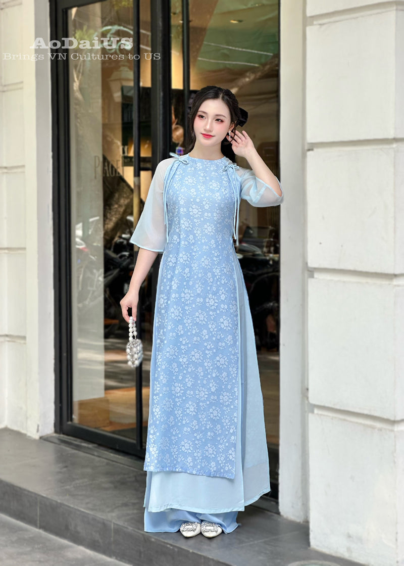 Blue Floral Modern Ao Dai Vietnam NO PANTS | Modern Vietnamese Ao Dai H41