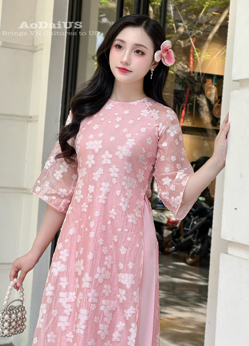 Pink Floral Modern Ao Dai Vietnam NO PANTS | Modern Vietnamese Ao Dai E28