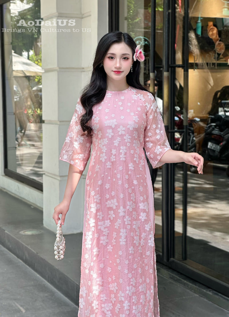 Pink Floral Modern Ao Dai Vietnam NO PANTS | Modern Vietnamese Ao Dai E28