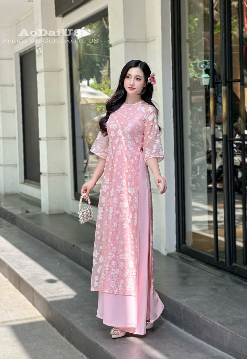 Pink Floral Modern Ao Dai Vietnam NO PANTS | Modern Vietnamese Ao Dai E28
