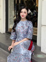 Blue Floral Vietnamese Ao Dai Top – Modern Silk Tunic with Cherry Blossom – Elbow Sleeve Dress for Women