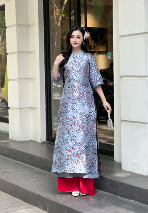 Blue Floral Vietnamese Ao Dai Top – Modern Silk Tunic with Cherry Blossom – Elbow Sleeve Dress for Women
