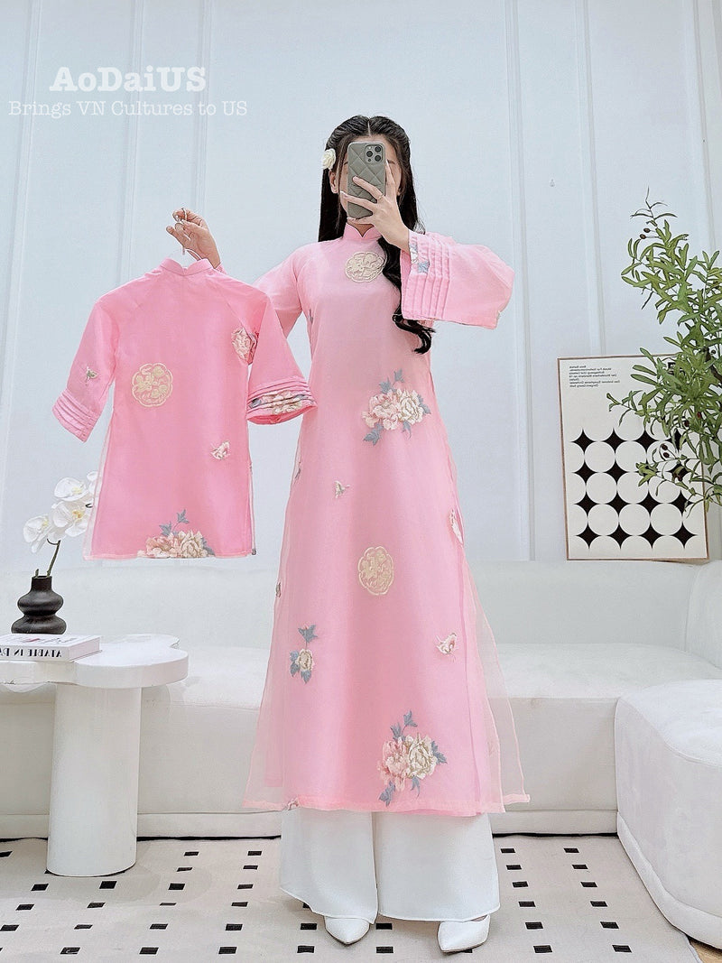 Pink Blossom Mother & Daughter Ao Dai | Sweet Rose Family Matching Ao Dai