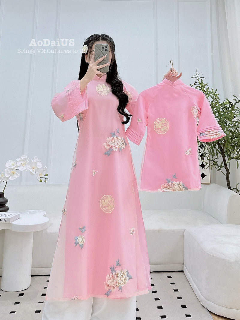 Pink Blossom Mother & Daughter Ao Dai | Sweet Rose Family Matching Ao Dai