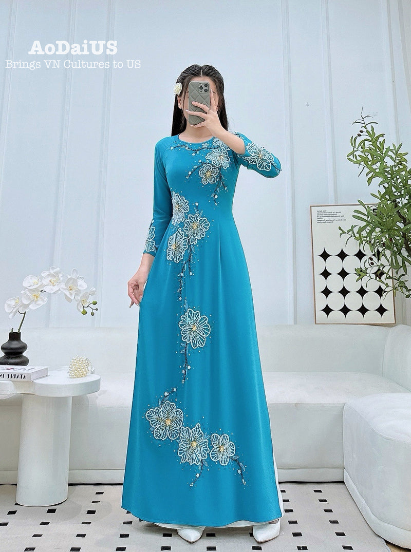 Turquoise Blossom Ao Dai Traditional Vietnamese Ao Dai No Pants